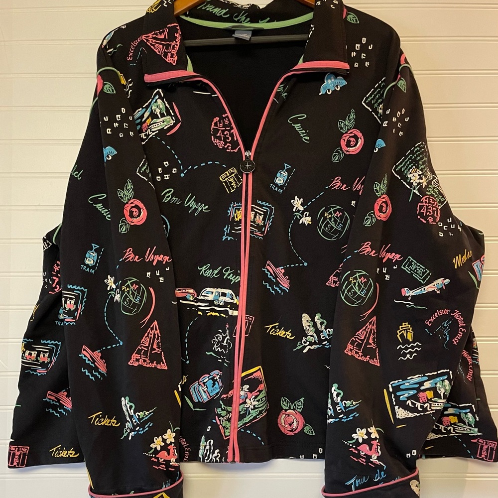 Koret Jacket Womens Plus Size 3X Vacation Print Full Zip Pink Piping Cuffed